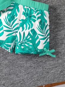2pcs/Set Young Girl Fashionable Comfy Mint Green Camisole & Leaf Printed Shorts Set, New - Mint Green - View 5