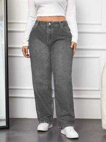 RueChic Jeans vaqueros de cintura alta, lavados y holgados, de talla grande