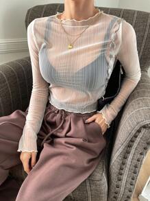 DAZY Áo voan mỏng viền rau diếp không có áo ngực, áo dài tay cho nữ, quần áo mùa thu cho nữ - Màu be - Xem 1