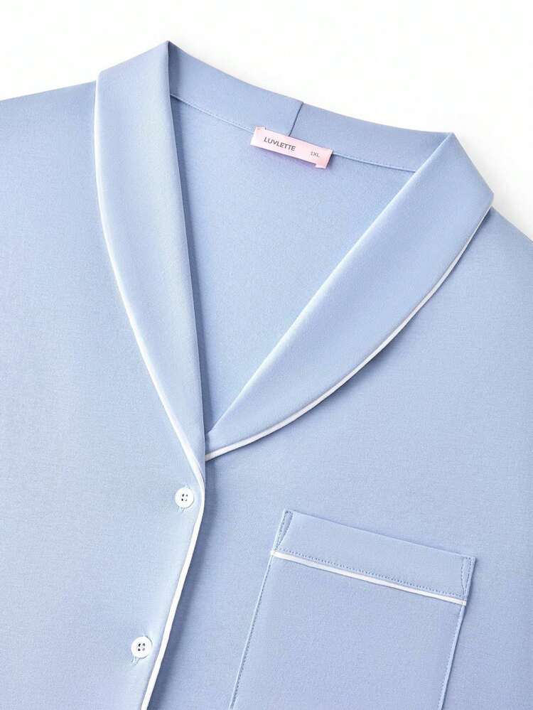 Conjunto de pijama de mujer talla grande de 100% algodón puro azul con top de manga corta con botones y pantalones cortos, ropa de estar por casa transpirable y holgada con bolsillos y pantalones tipo boxer