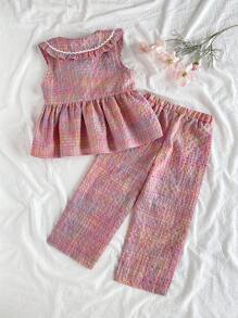 SHEIN Vintaside Kids Young Girl Summer Casual Peter Pan Collar Blouse And Pants Set