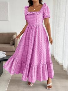 Calvaya Plus Size Women Elegant Check Pattern Square Collar Puff Sleeve Dress - Red Violet - View 5