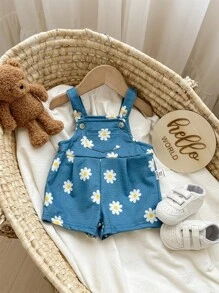 SHEIN Newborn Baby Girls' Floral Pattern Overalls Romper - Blue - View 12