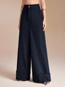 MEYER STUDIO 牛仔蓝梭织高腰卷边阔腿长裤女休闲西装裤藏青色裤套装女女士裤套装正式裤套装阔腿裤套装 - 寶藍色 - 查看 6