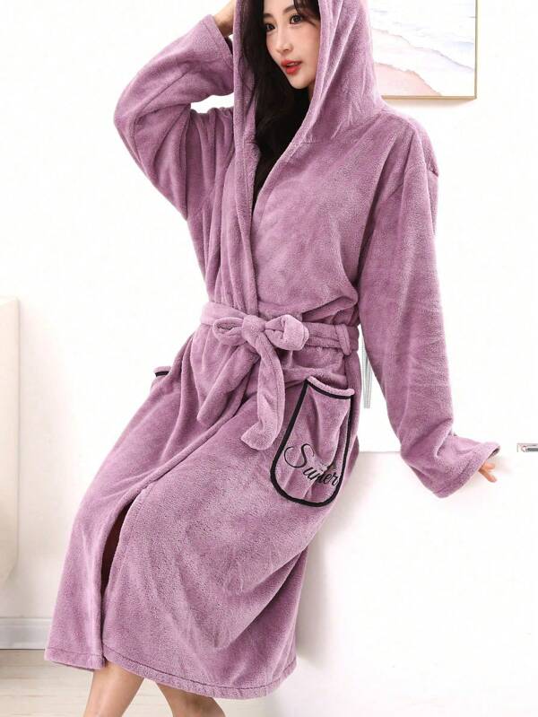 SHEIN 1pc Women Solid Color With Pockets Tie Waist Hooded Long Sleeve Robe Summer Wedding Home Bathroom Decor Beach Wear