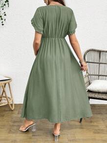 SHEIN 孕妇休闲纯色方领荷叶边花瓣袖束腰连衣裙