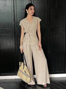 DAZY 2pcs Women Holiday Style Shirt And Wide Leg Pants Set, Spring/Summer