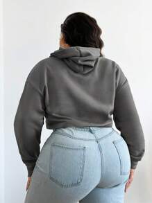SHEIN SXY 大码短款连帽套头保暖运动衫 - 灰色 - 查看 2