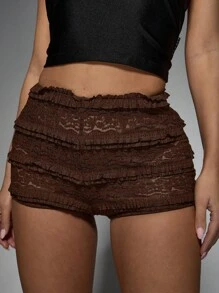 MISSGUIDED Ruffled Tiered Lace Boho Festival High Waisted Hot Pants Micro Mini Shorts Beach Summer Frilly Party Casual - Coffee Brown - View 3