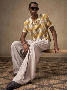 AKNOTIC Business Casual Áo thun nam tay ngắn dệt kim, dáng rộng, mặc hàng ngày, mặc mùa hè, họa tiết hình học Argyle, mặc đi nghỉ mát cho nam thập niên 70 - Màu Khaki - Xem 2