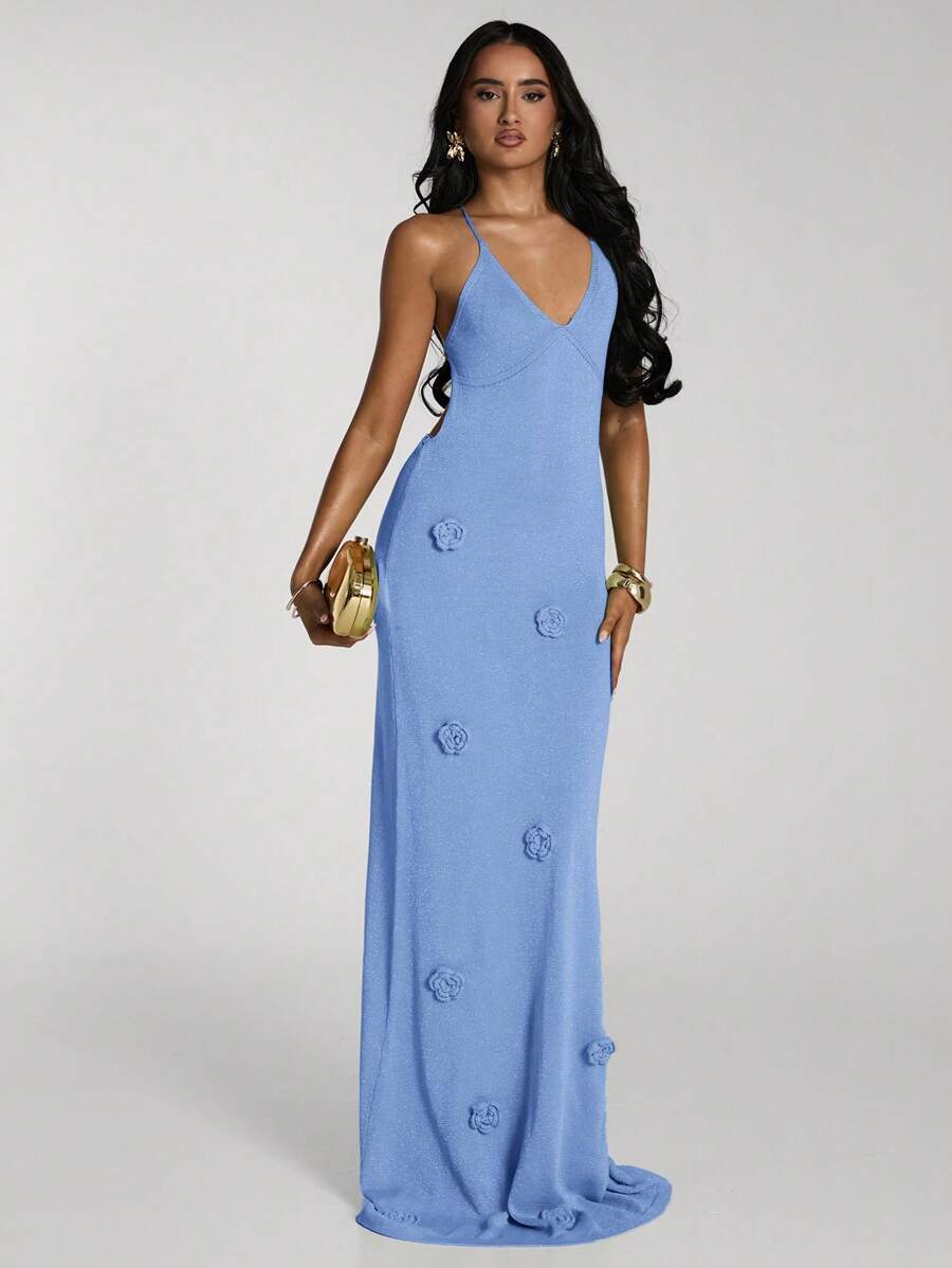 SHEIN BAE 女士3D花卉装饰优雅无袖针织连衣裙 - 淺藍色 - 查看 1