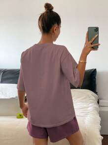 DAZY Bộ đồ ngủ quần short tay ngắn rộng rãi màu trơn 2 món cho nữ - Màu tím hoa cà - Xem 2