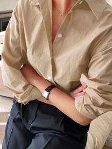 DAZY 女式纯色长袖单排扣休闲办公室衬衫 - 杏色 - 查看 4