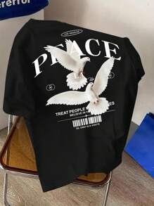 Manfinity Dauomo Men's Casual Street Fashion Black Loose Fit T-Shirt With Pigeon & Letter Print, Summer