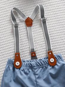 Souflis Souflis Bộ 4 món đồ kẻ caro xanh cho bé trai, gồm áo cổ ngắn tay và quần đùi yếm thông thường, trang phục quý ông thích hợp cho sinh nhật, đám cưới, tốt nghiệp, những dịp trang trọng hoặc thường ngày - Màu xanh lam - Xem 3