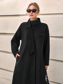 CLARA VERO Asymmetrical Collar Extra-Long Overcoat Winter Coat Women Black Coat Women Long Black Coat Modest Coat Womens Black Outerwear - Black - View 4