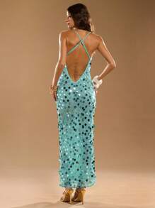 SHEIN BAE 女士纯色亮片露背修身长裙