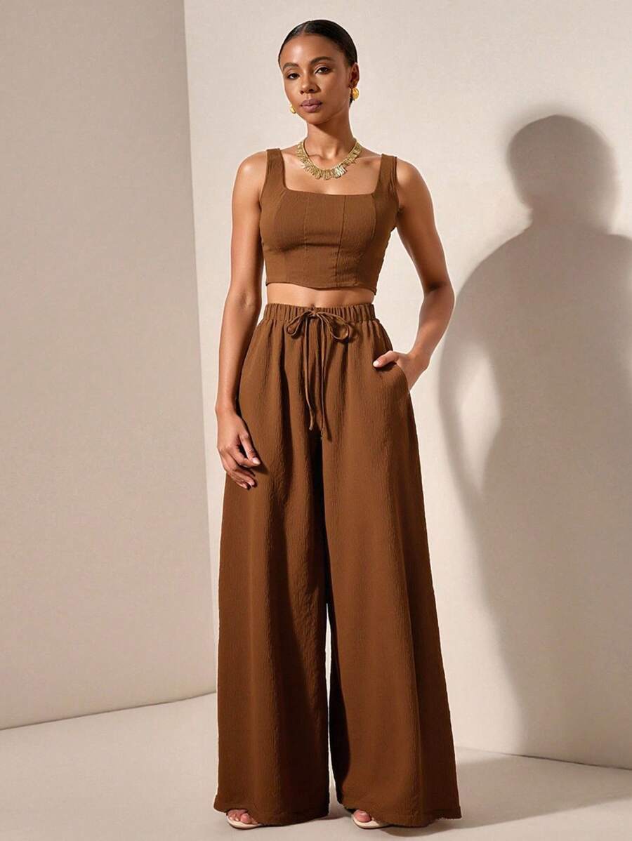 Zivah 2025 春夏新款音乐节、复活节、圣帕特里克节、西部风、游牧风、生日派对、毕业典礼、学院风、学生风、日常穿着、基础款、休闲装、度假装、邮轮装、海滩装、日光浴装、网络流行装、街头服饰、婚礼嘉宾装、波西米亚风、通勤装、早午餐装、机场装 - 深棕色人字纹吊带背心和带口袋阔腿裤 2 件套 - 棕色 - 查看 1