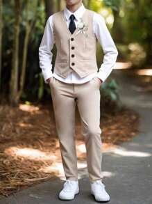 SHEIN 2 件套青少年男童韩版修身西装、背心和裤子套装，适合春夏季、婚礼、派对、钢琴演奏会、主持人