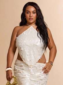 SHEIN BAE 女式加大码细肩带后系带亮片装饰休闲上衣，全新春夏系列 - 米色 - 查看 3