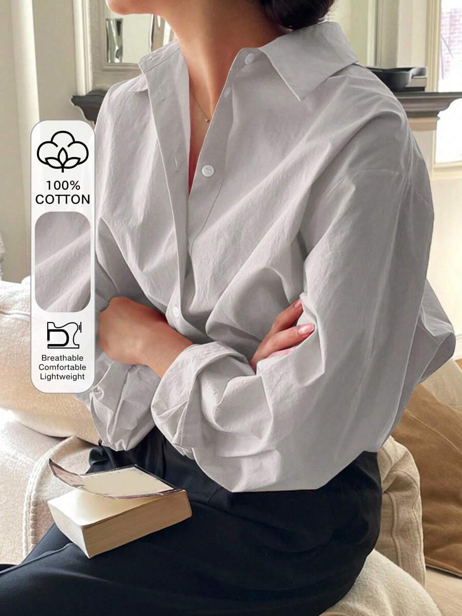 DAZY Áo sơ mi dài tay màu trơn đa năng giản dị - Xám - Xem 1