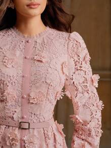 Anewsta Women's Elegant Round Neck 3D Floral Print Dress - Pink - View 7