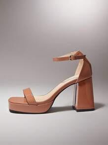 SHUZIA Giày cao gót đế vuông có khóa cài quai mắt cá chân cho nữ - màu nâu - Xem 2