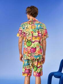 Notgurli Funny And Quirky European & American Style Men Short Sleeve Single Breasted Top And Shorts Pajama Set - Multicolor - View 2