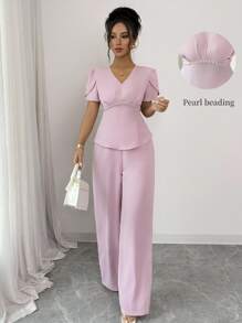 Elenzga 2pcs/Set Women V-Neck Waist Design Faux Pearl Decor Short Sleeve Top And Straight Leg Pants Set, Elegant - Pink - View 4