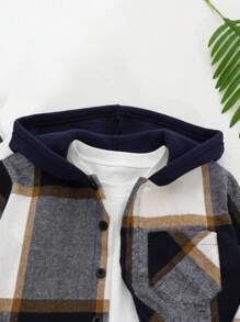 SHEIN Vintaside Kids Young Boy Plaid Pattern Hooded Casual Shacket, Spring Autumn