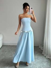 Elenzga Elegant Waisted Top With Rhinestones And Flared A-Line Skirt, Blue 2 Pieces Outfit Suit For Women, Suitable For Dating, Shopping, Outing, Music Festival And Other Occasions In Spring/Summer