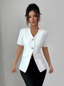 Selianne Women's Elegant White Summer Office Jacket,V-Neck Short Sleeve Contrast Lace Trim Cinched Waist Blazer,Suitable For Commuting,Dates & Daily Outings - White - View 7