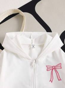 1pc Tween Girl Zip-Up Hoodie Jacket With Butterfly Embroidery Design, Long Sleeve, Drawstring Waist Fall Winter - White - View 3