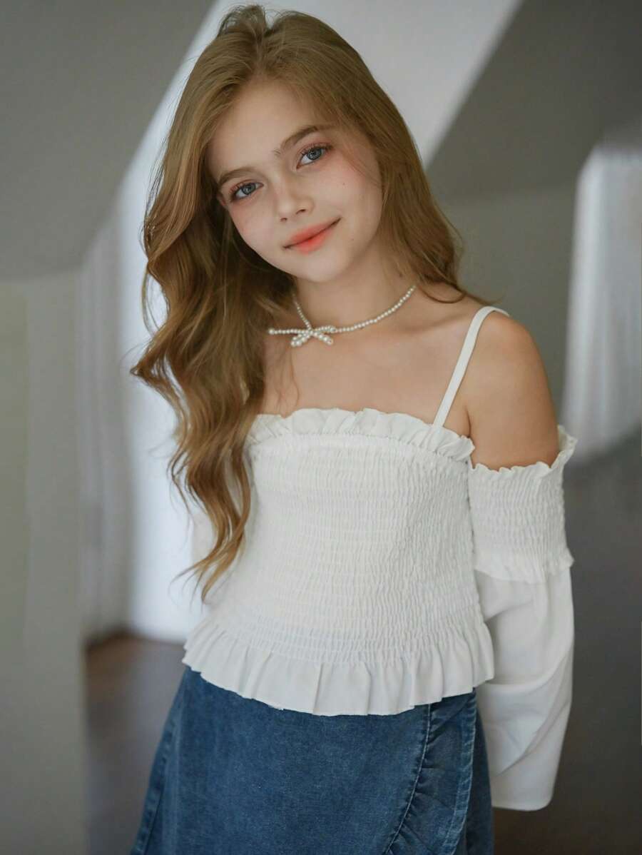 SHEIN Tween Girl Frill Trim Shirred Cold Shoulder Blouse - White - View 1