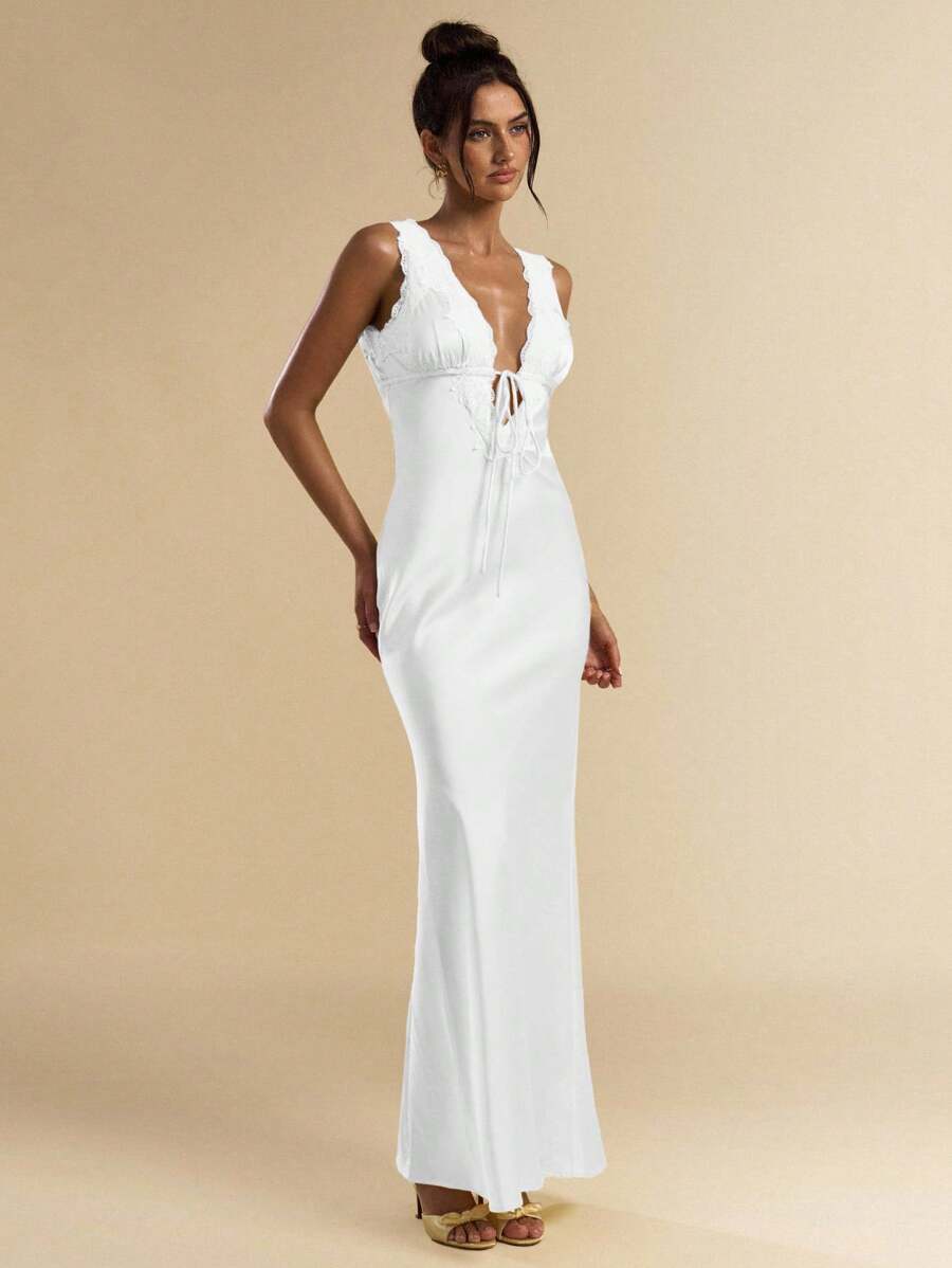 SHEIN BAE Váy dài bằng vải satin màu vàng trơn gợi cảm thanh lịch cổ chữ V sâu thắt eo viền ren mùa xuân và mùa hè, thích hợp cho ngày lễ tình nhân, tiệc tùng, lễ hội âm nhạc, phù dâu, vũ hội trang trọng, kỳ nghỉ, váy vàng - trắng - Xem 1