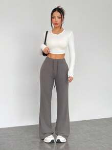SHEIN EZwear 大码休闲舒适柔软高弹低腰长裤阔腿运动裤女式阔腿裤高腰运动裤 - 灰色 - 查看 5