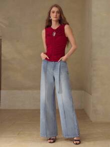 MOTF PREMIUM SOLID RHINESTONE CUTOUT FRONT RUCHED SLIM FIT TANK TOP - Red - View 5