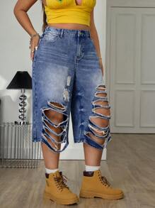 Jeanoix Plus Size Casual Distressed Loose Fit Denim Jeans - Blue - View 5