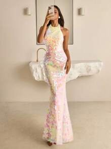 Vowa Thời trang, Gợi cảm, Tiên phong, Lưới, Sáng bóng, Hồng, Vải sequin óng ánh, Cổ yếm, Hở lưng, Xẻ sau, Viền đuôi cá tinh tế, Thích hợp mặc đi hộp đêm, Tiệc tùng, Kỳ nghỉ, Bãi biển, Check-in, Đầm cocktail - Hồng - Xem 8