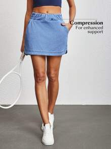 SHEIN Tall 女士休闲水洗弹力腰斜插口袋牛仔迷你裙，夏季 - 藍色 - 查看 4