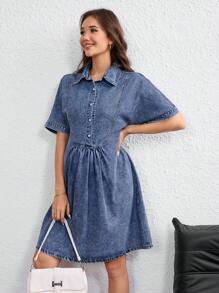 SHEIN Gravidklänning med enfärgad knapp framtill, avslappnad kortärmad i denim