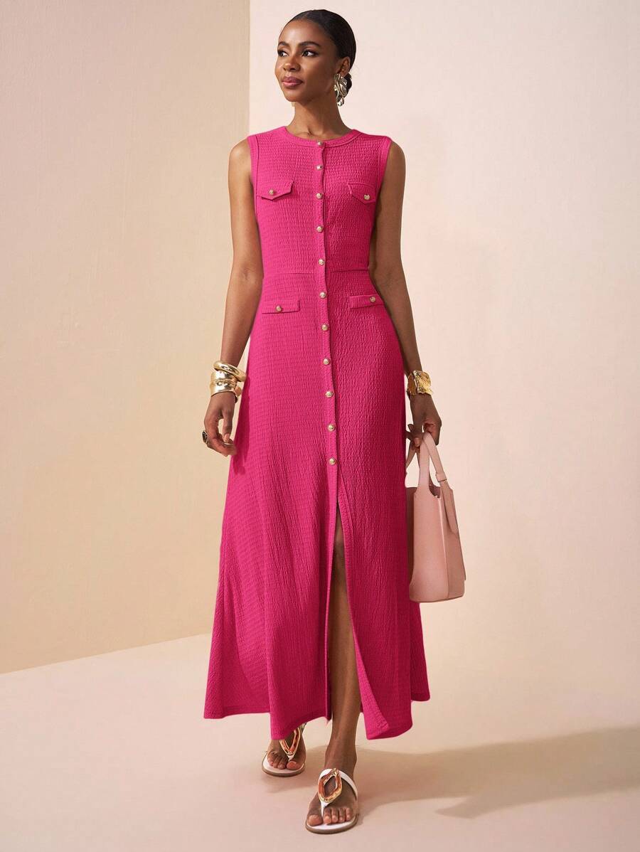 Zivah Rochie lungă pentru femei, de primăvară și vară, casual și elegantă, cu guler rotund, fără mâneci, decorată cu catarame metalice, cu coadă de pește, cu clapă deschisă, din material tricotat texturat negru, B - Roz fierbinte - Vizualizare 1