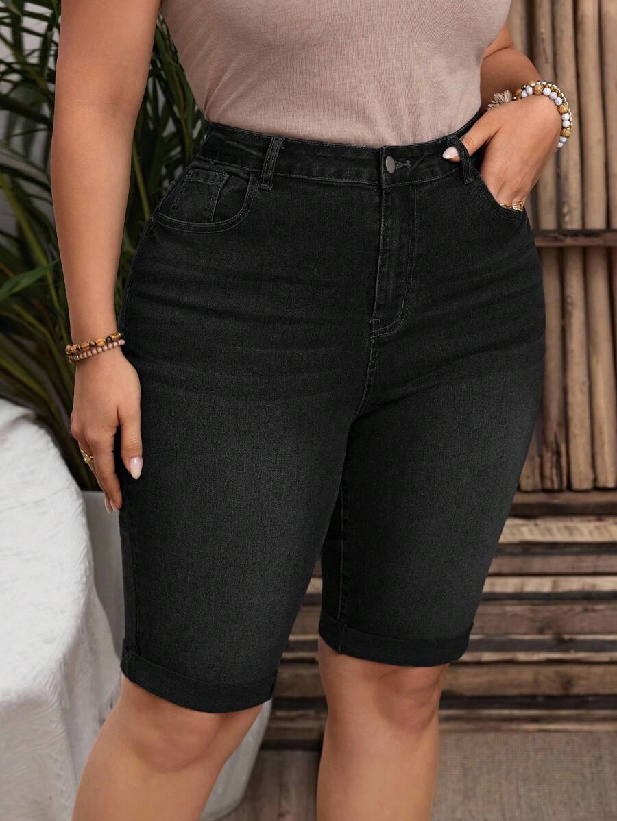EMERY ROSE Pantalones cortos vaqueros casuales y versátiles con bolsillos decorativos para mujer de talla grande - Negro - Ver 1