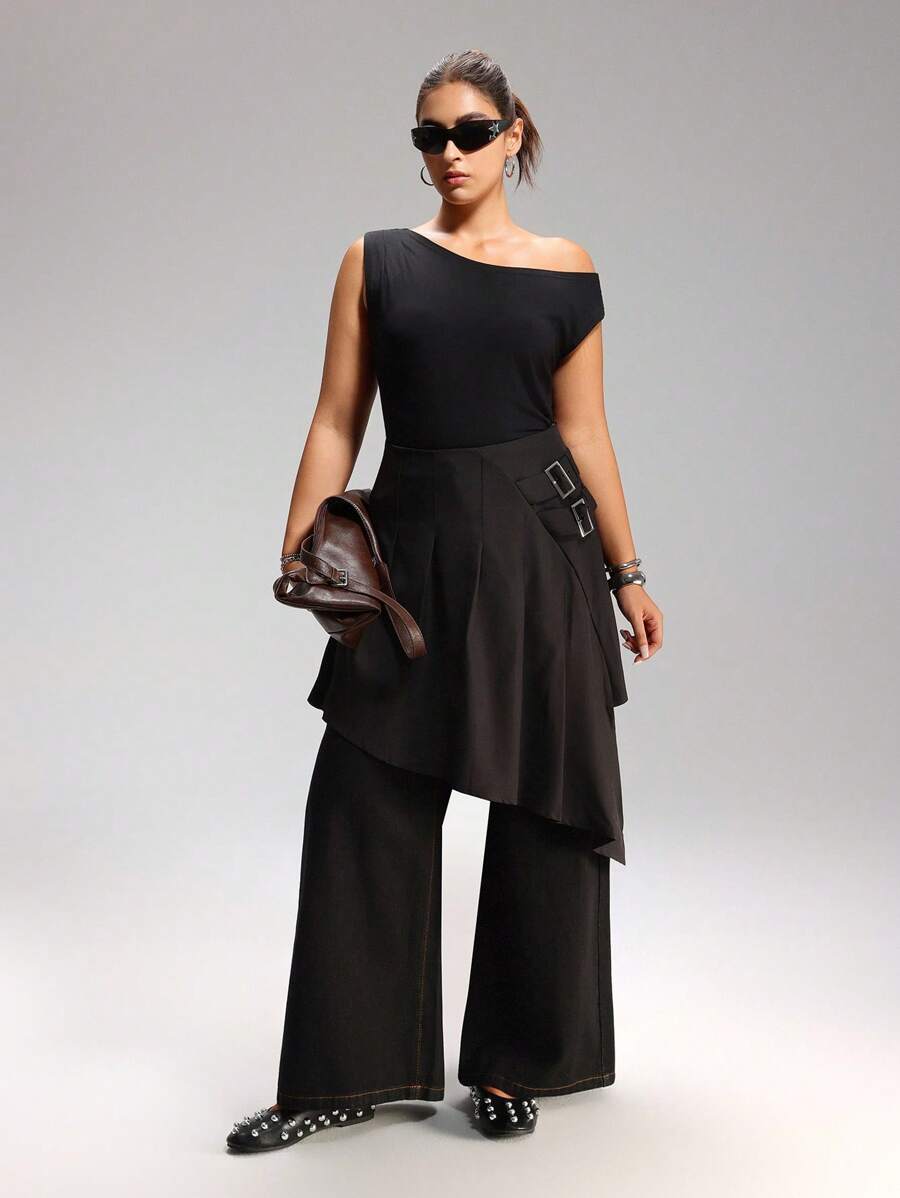 LYSMO Plus Size Black Asymmetric Ruched Mini Skirt, Fashionable For Summer