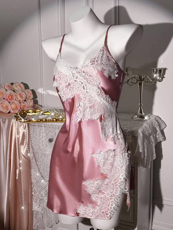 SilkySpell SilkySpell Women Lace Trim Criss-Cross Sexy Mini Sleep Dress, Light Pink Satin Nightgown Lace Nightgown Lingerie Dress