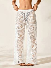 Easelle Women's Crochet Sheer Swim Cover Up Pants Drawstring Hollow Out Loose Beach Pants - White - View 6