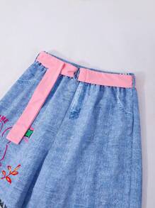 SHEIN ChillGRL 少女纯色兔子 3D T 恤和涂鸦牛仔印花长裤两件套休闲装，含腰带、夏季套装 - 粉色 - 查看 7