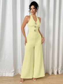 Modelyn Metalschnallen Trägerhemd ohne Ärmel & Jumpsuit mit weitem Bein Set für Damen - Gelb - Übersicht 5