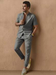 HIMLAND 2pcs Men's Casual Solid Color Slim-Fit Short Sleeve Shirt And Tapered Waist Pants Set, Suitable For Everyday Wear