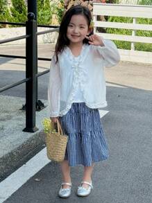 DAZY Young Girls Solid Color V-Neck Long Sleeve Casual Shirt, Spring/Summer - White - View 3